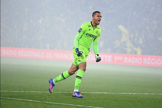 Alban Lafont celebrates following Nantes' 3-1 win over PSG